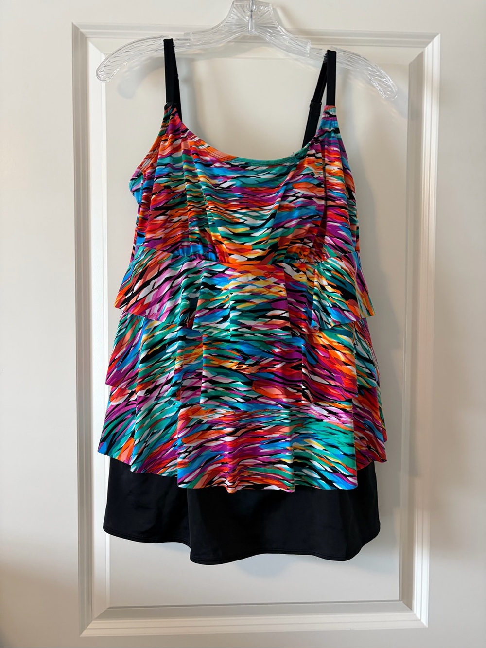 Longitude Multicolor Tiered Ruffle One-Piece with Black Trim